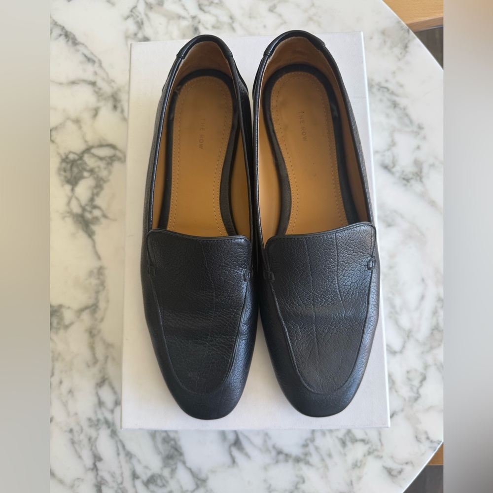 The Row Black Leather Slip-On Loafers